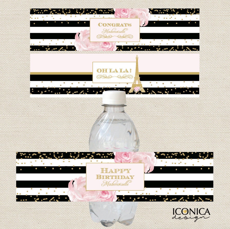 French Baby Shower Bottle Labels, Gold Glitter Stripes (Printed or Printable File)