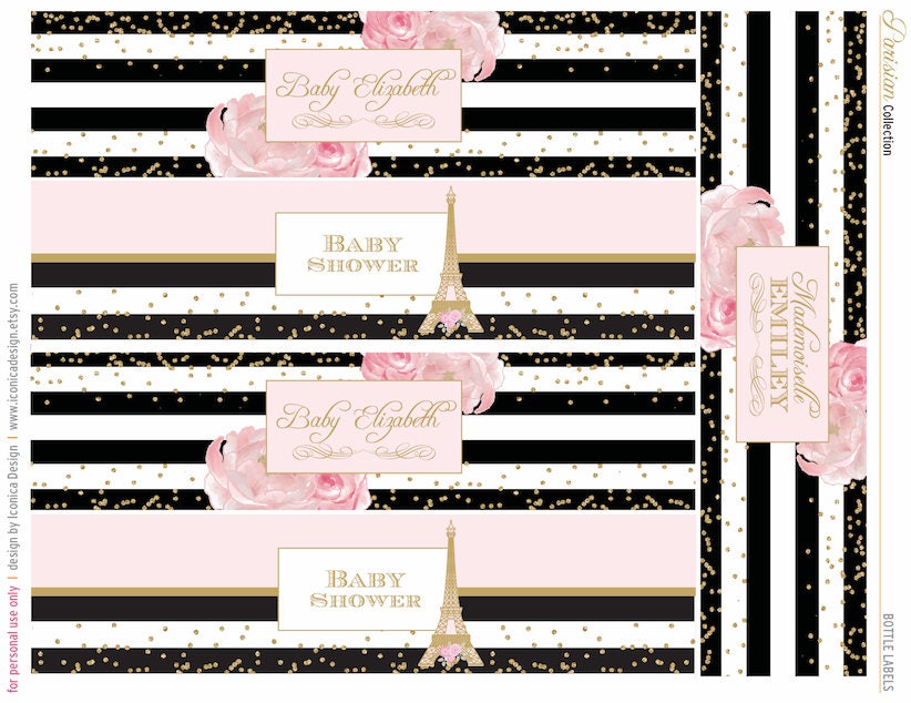 French Baby Shower Bottle Labels, Gold Glitter Stripes (Printed or Printable File)