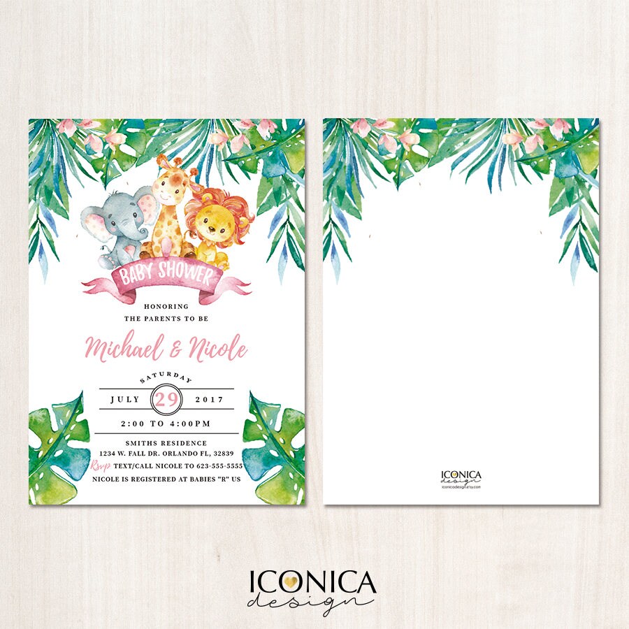 Watercolor Jungle Animals Safari Baby Shower Invitations (Printed or Printable File)