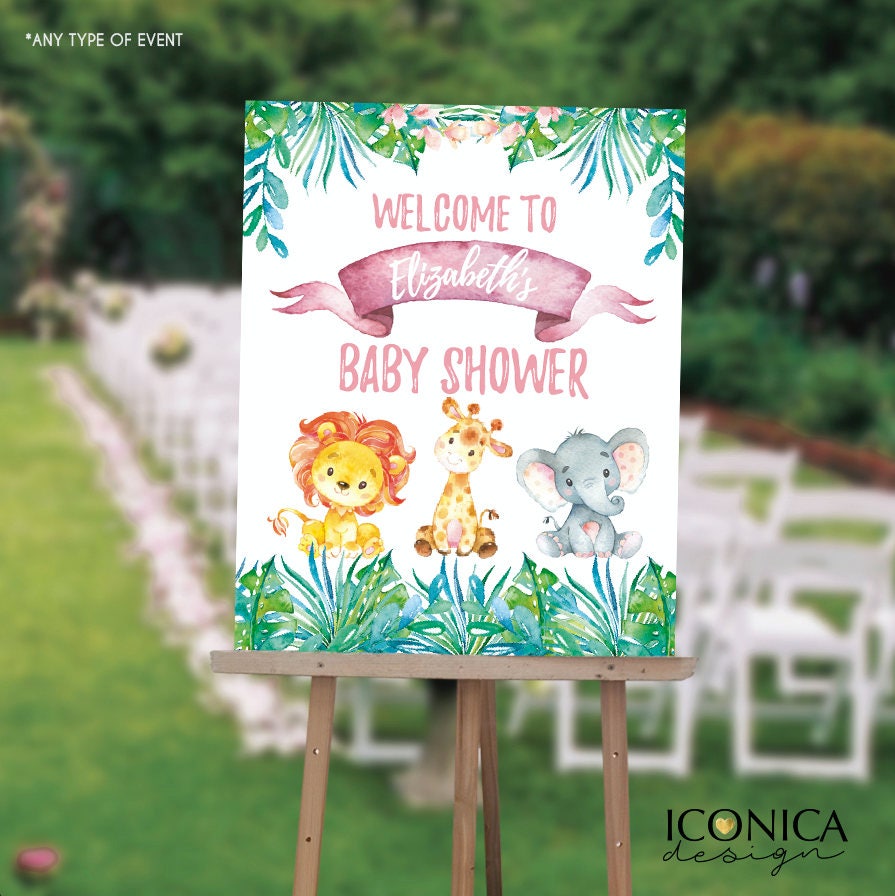 Safari Baby Shower Welcome Sign, Jungle Animals, Custom Printed