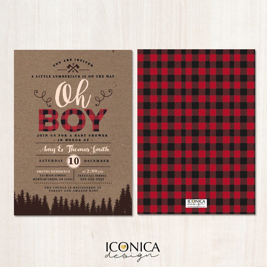 Lumberjack Twin Baby Shower Invitation, Buffalo Plaid, Oh Babies