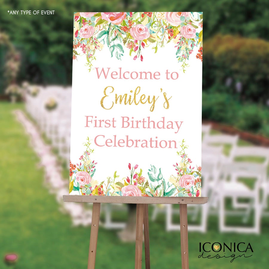 Floral 1st Birthday Welcome Sign, Garden Chalkboard, Any Age