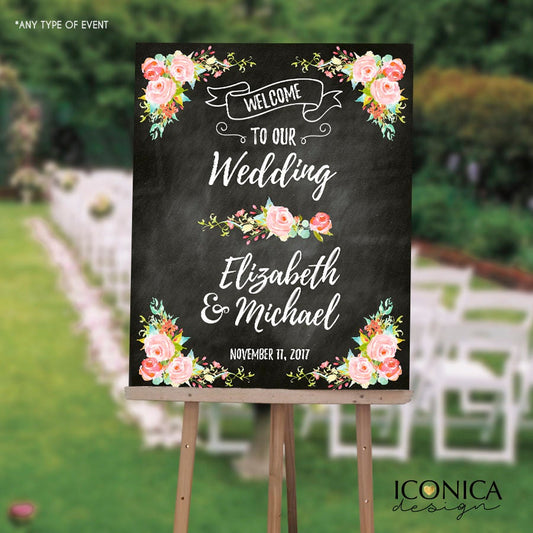 Floral Wedding Welcome Sign, Garden Chalkboard Poster