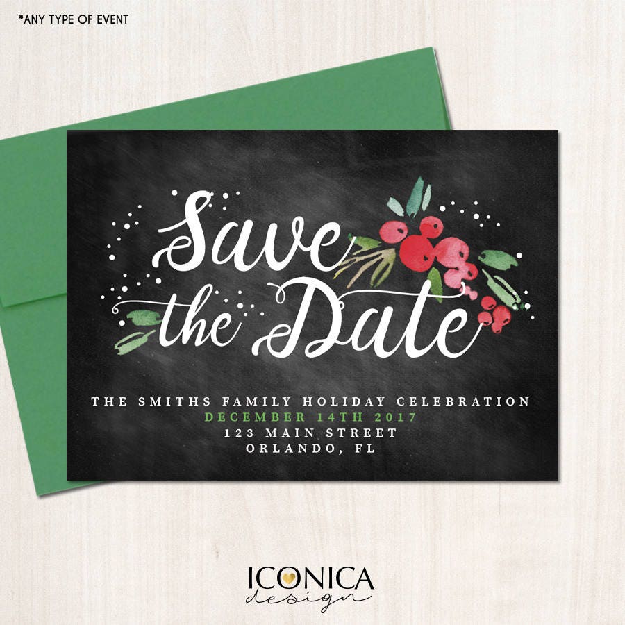 Chalkboard Christmas Save the Date Cards, Holiday Invites (Printed or Printable File)
