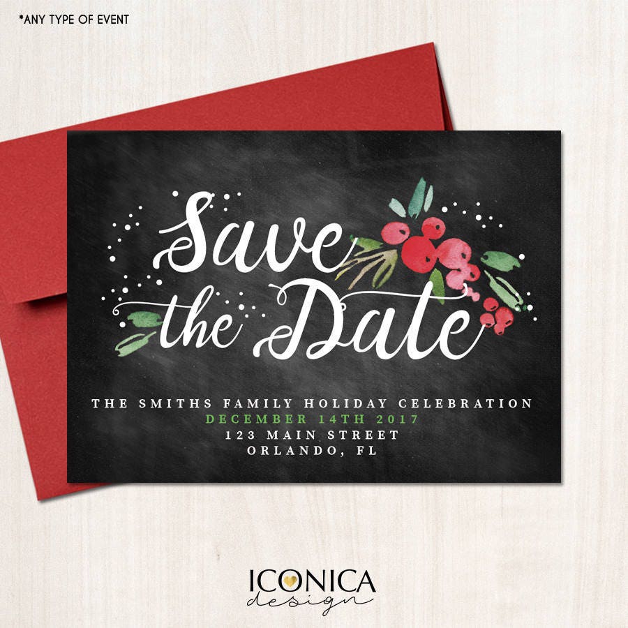 Chalkboard Christmas Save the Date Cards, Holiday Invites (Printed or Printable File)