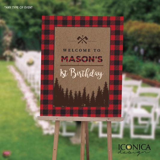 Lumberjack First Birthday Welcome Sign, Buffalo Plaid Decor