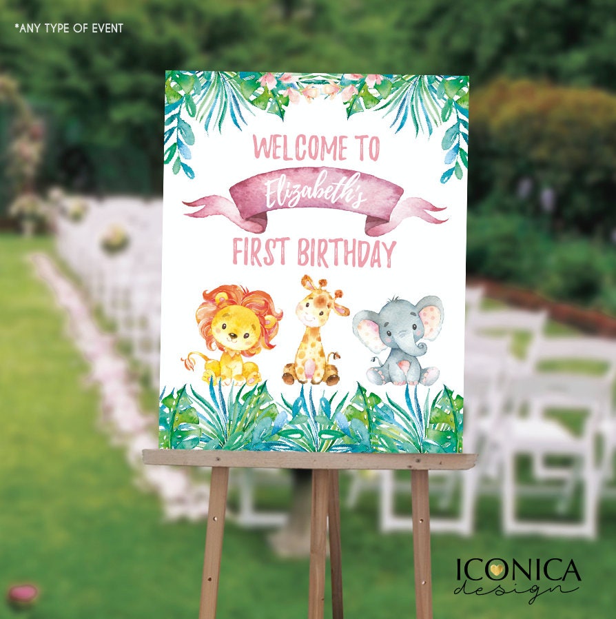 Safari First Birthday Welcome Sign, Jungle Animals (Printed or Digital File)