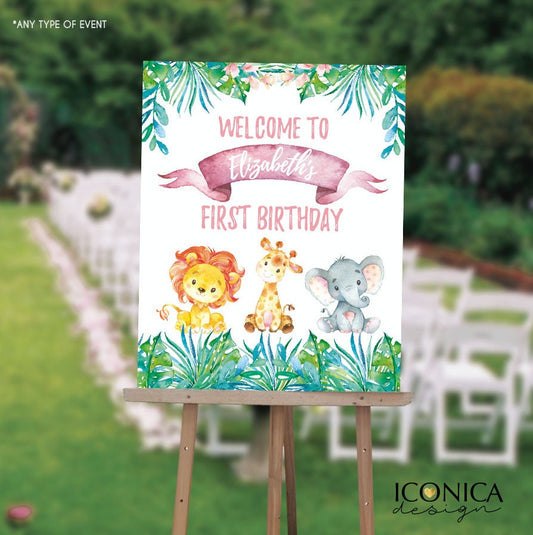 Safari First Birthday Welcome Sign, Jungle Animals (Printed or Digital File)