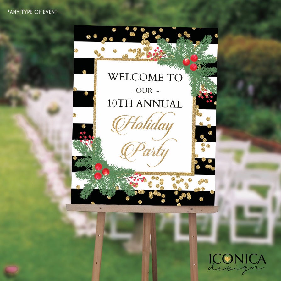 Custom Holiday Party Welcome Sign, Black and White Stripes, Printed or Digital
