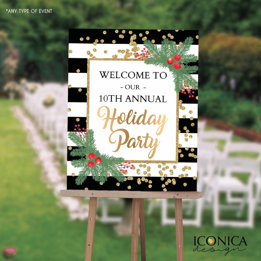 Holiday Party Welcome Sign, Black and White Stripes (Printed or Digital File)