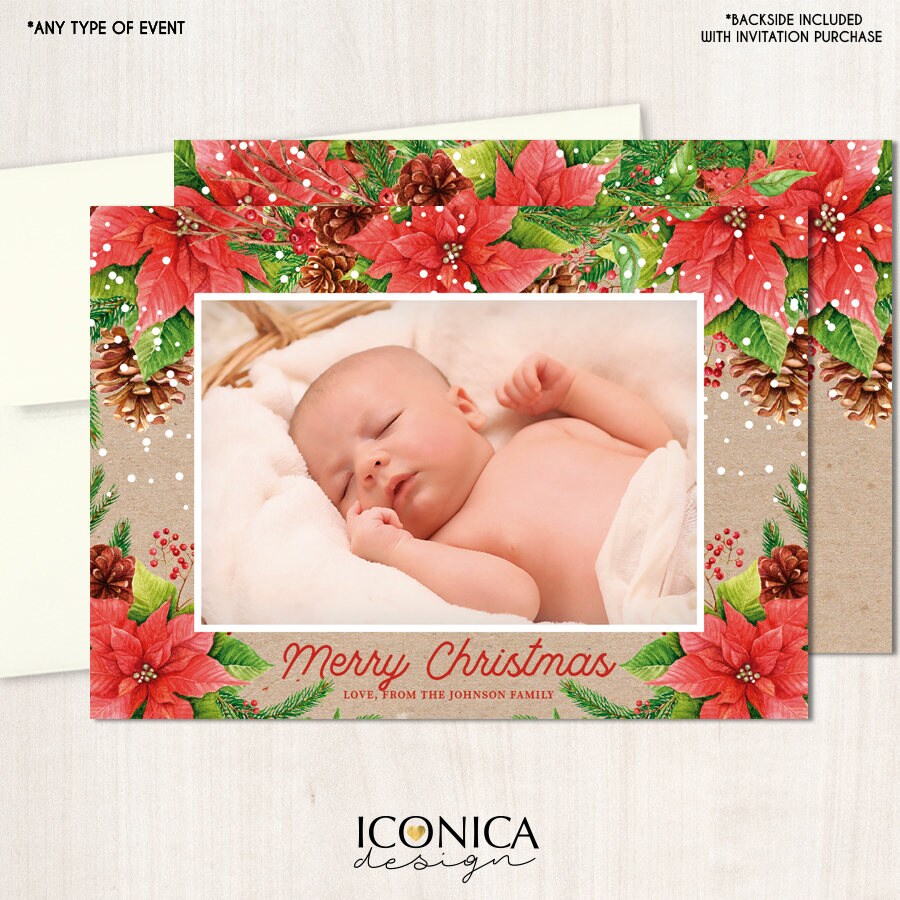 Christmas Cards,Holiday Photo Cards,Baby photo cards,Floral Poinsettia Cards,Merry Christmas,Printed Or Printable File Free Shipping ISE0033