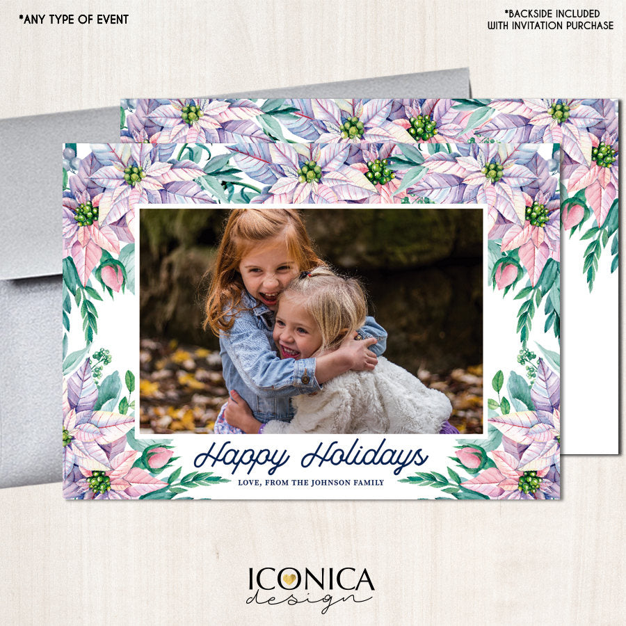 Floral Poinsettia Christmas Photo Cards, Pastel Watercolor (Printed or Printable File)