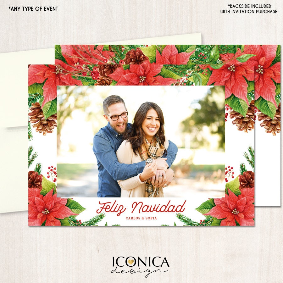 Floral Poinsettia "Feliz Navidad" Holiday Photo Cards
