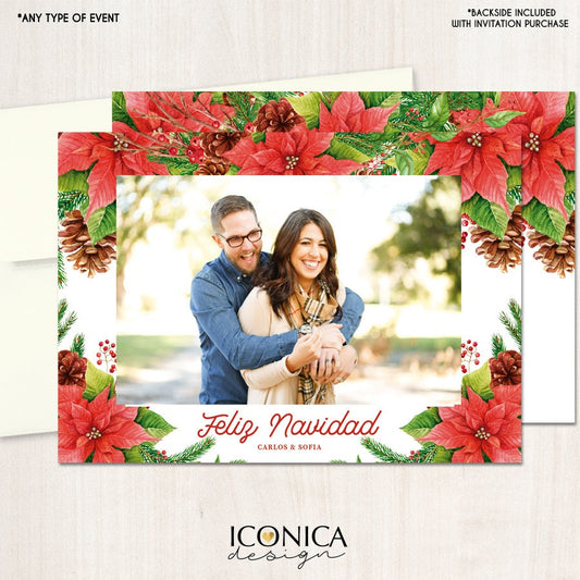 Floral Poinsettia "Feliz Navidad" Holiday Photo Cards