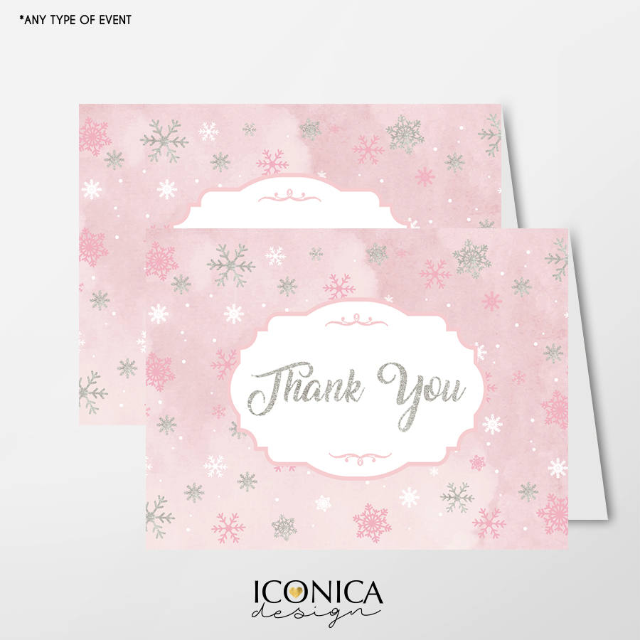 Pink Winter Wonderland Thank You Cards, Watercolor Snowflakes, Set of 10