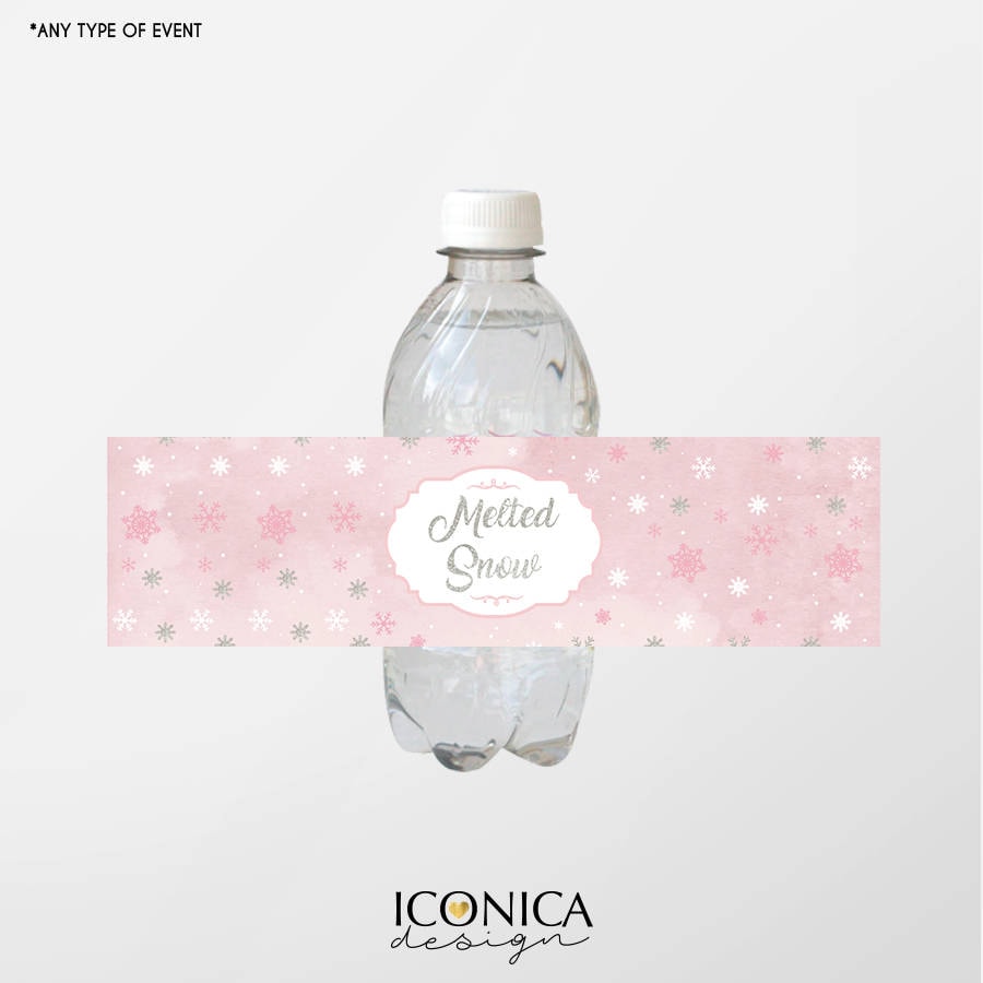 Winter Wonderland Bottle Labels, Pink Snowflake Party (Printed or Printable File)