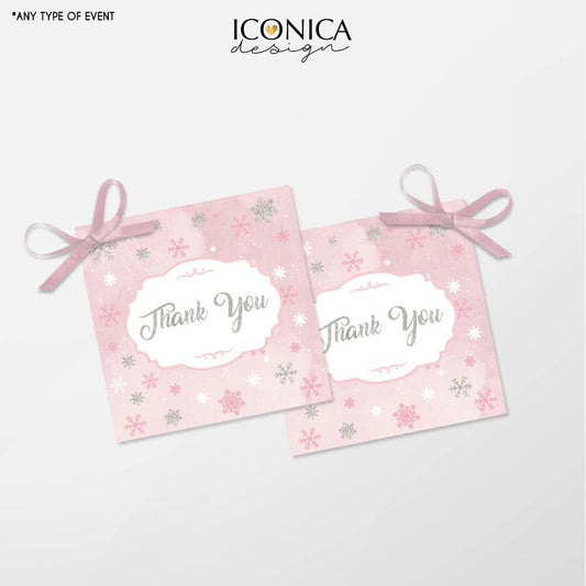 Pink Winter Wonderland Thank You Tags – Silver Snowflake Design (Digital or Printed)