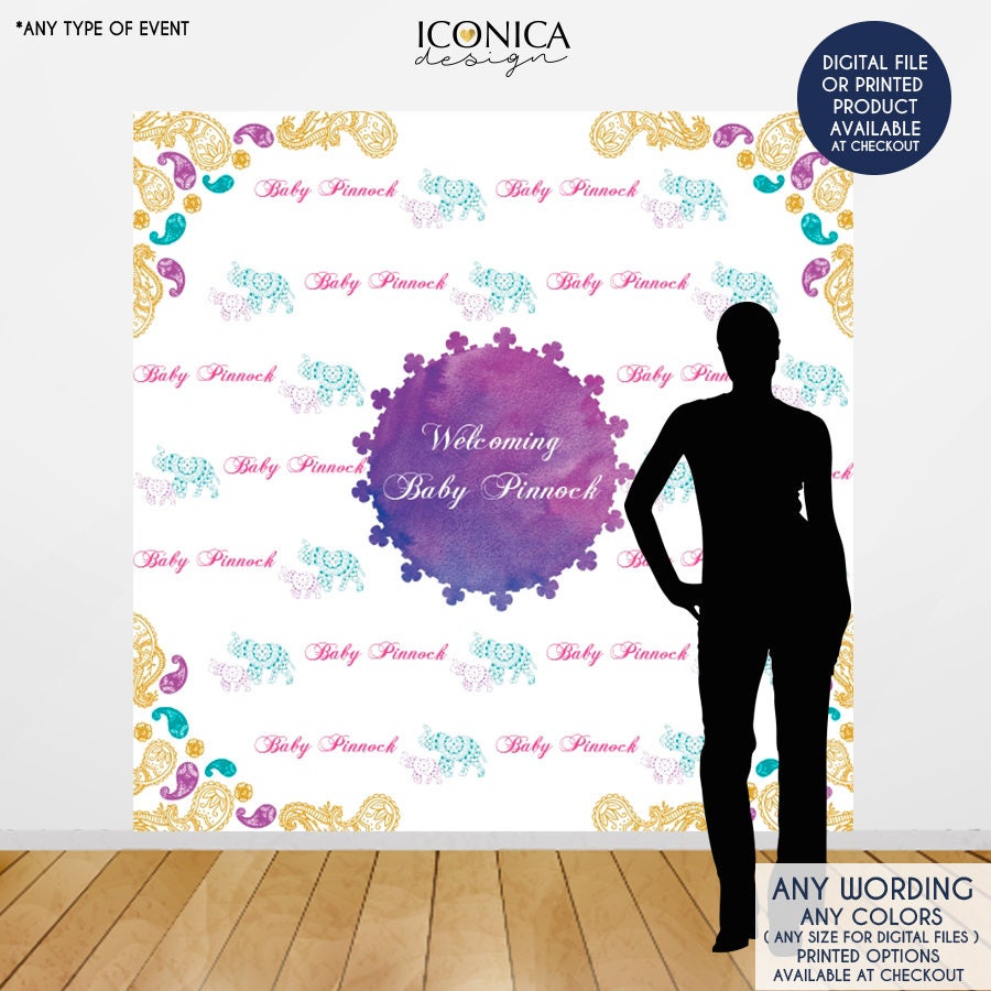 Elephant Baby Shower Backdrop, Moroccan Indian Party Decor (Printed or Printable File)