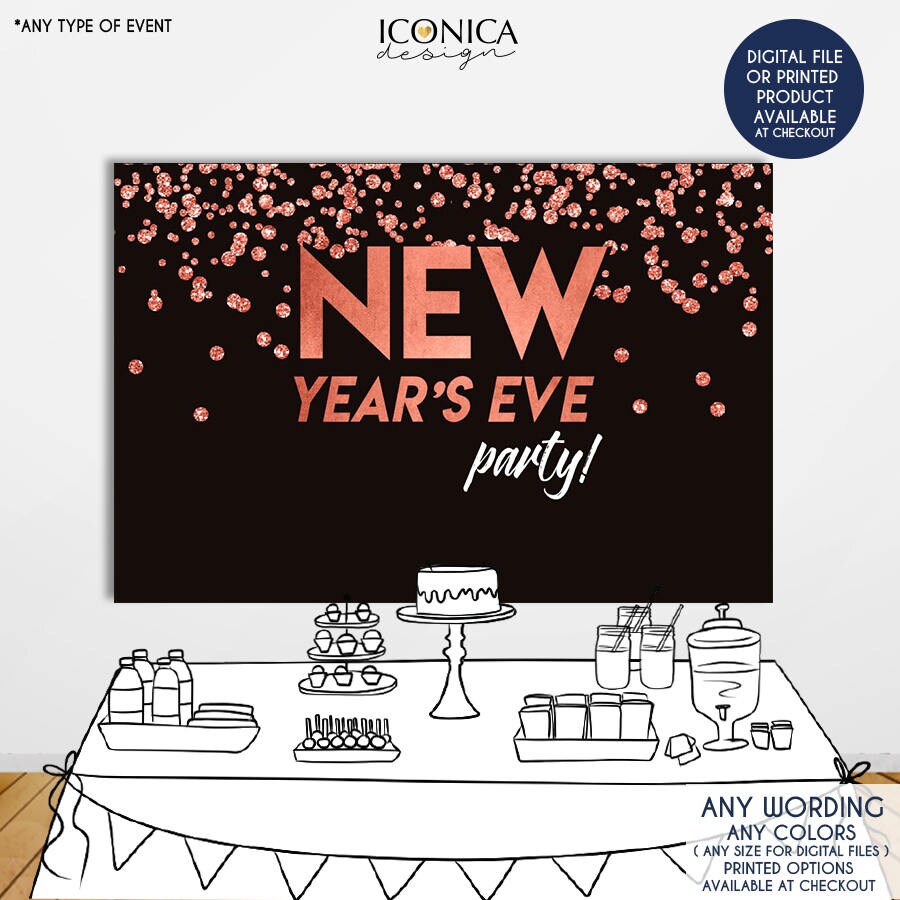 Black and Rose Gold New Year's Eve Party Invitations, Printed or Printable