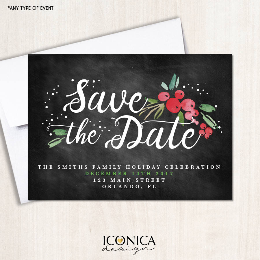 Chalkboard Christmas Save the Date Cards, Holiday Invites (Printed or Printable File)