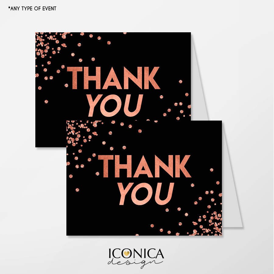 Black and Rose Gold Confetti Thank You Cards, Set of 10
