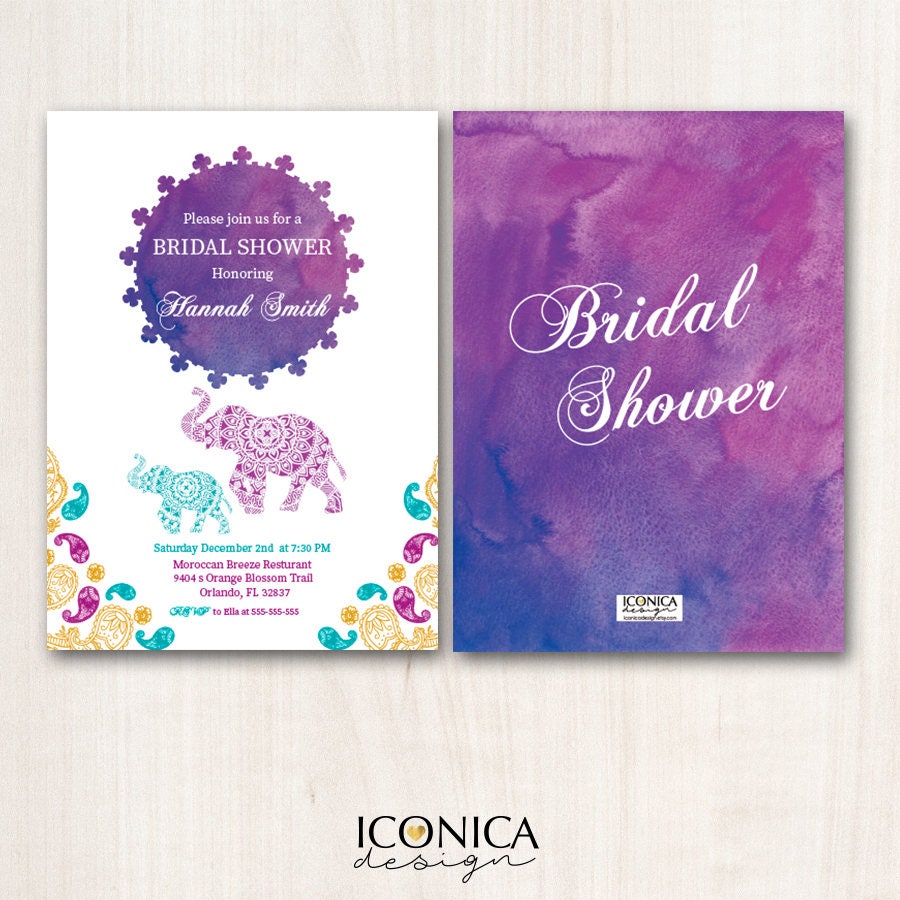 Watercolor Elephant Bridal Shower Invitation, Moroccan Sunset (Printed or Printable File)
