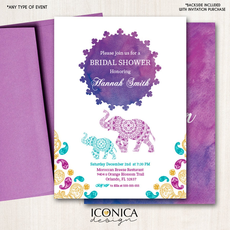 Watercolor Elephant Bridal Shower Invitation, Moroccan Sunset (Printed or Printable File)