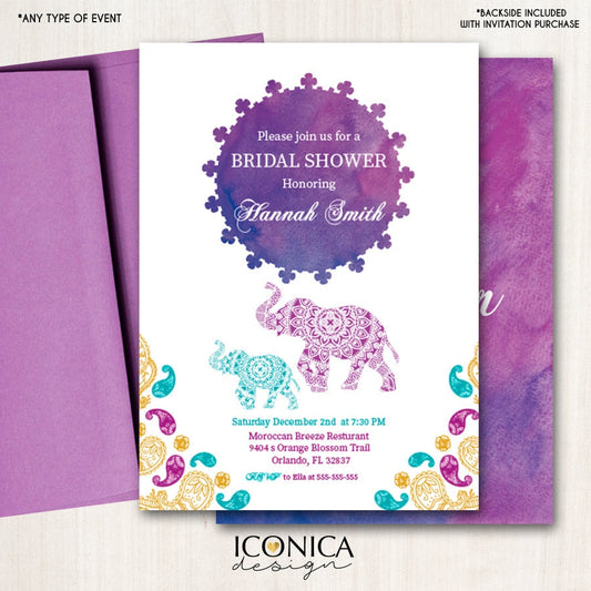 Watercolor Elephant Bridal Shower Invitation, Moroccan Sunset (Printed or Printable File)