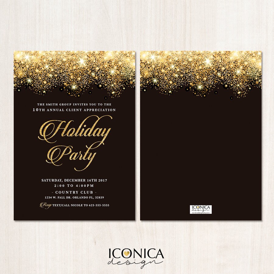 Black and Gold Holiday Party Invitations, Sparkle New Year Eve Cards