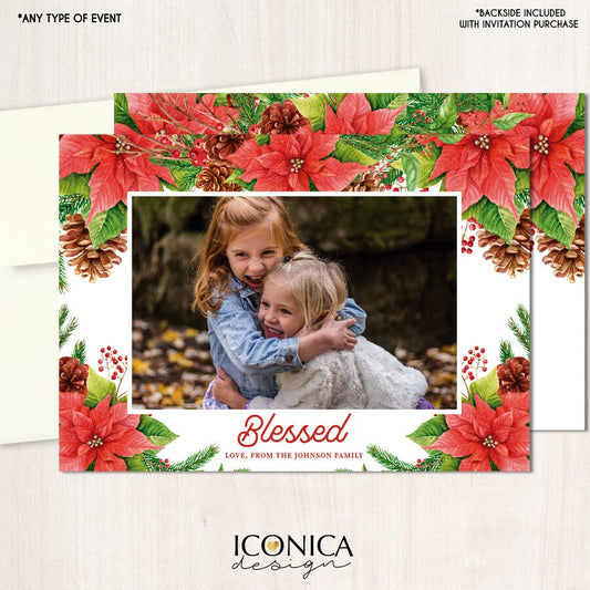 Floral Poinsettia Holiday Photo Cards, Festive "Blessed" Cards (Printed or Printable File)