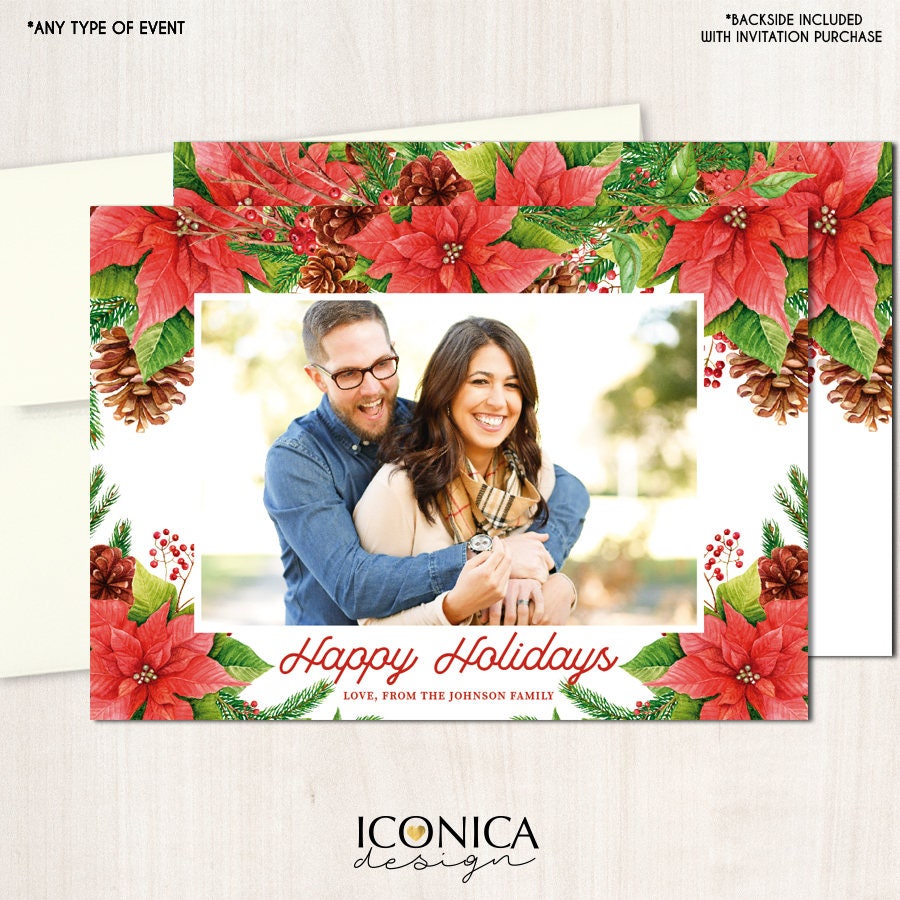 Floral Poinsettia "Feliz Navidad" Holiday Photo Cards