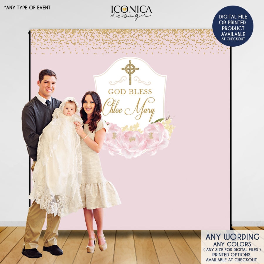 Floral First Communion Backdrop, Pink Peonies, Christening (Printed or Printable File)