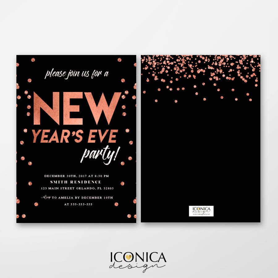 Black and Rose Gold New Year's Eve Party Invitations, Printed or Printable