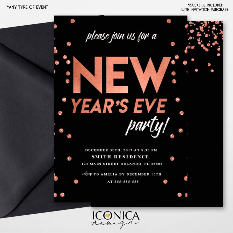 Black and Rose Gold New Year's Eve Party Invitations, Printed or Printable