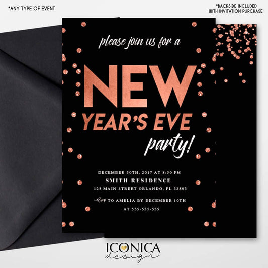 Black and Rose Gold New Year's Eve Party Invitations, Printed or Printable