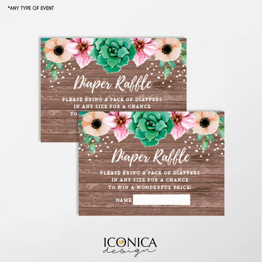 Floral Rustic Diaper Raffle Cards 3.5x2.5", Floral Baby Shower, Succulents,Woodland Party