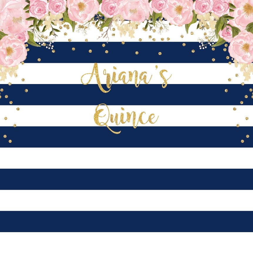 Navy and Pink Quinceanera Backdrop, Any Age, Gold Confetti, Printed Or Printable File Bbd0014