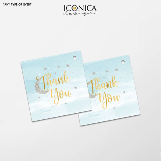 Twinkle Favor Tags, Moon and Stars Gifts Tags, Thank You Tags, Light Blue and Silver Tags, Digital File Or Printed Gift Tags