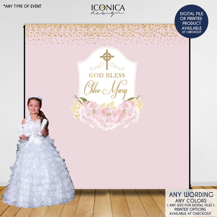 Floral First Communion Backdrop, Pink Peonies, Christening (Printed or Printable File)
