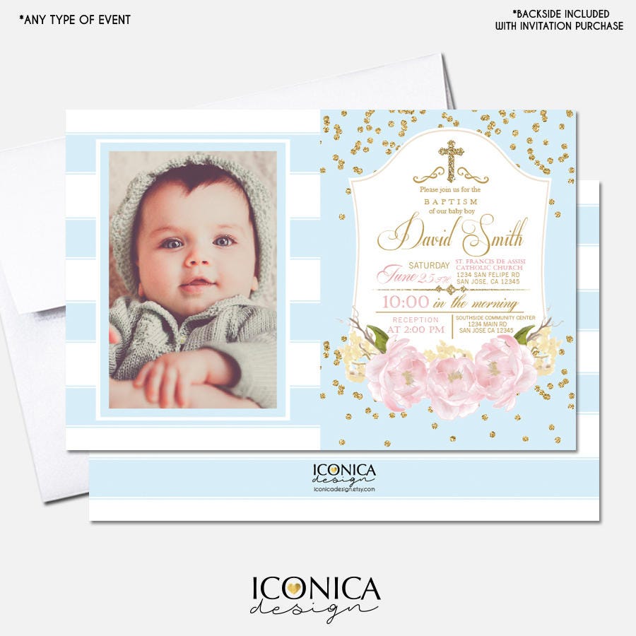Gold Glitter Peony Baptism Invitation, Light Blue Stripes (Printed or Printable File)