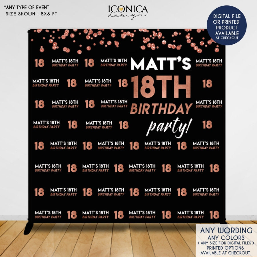 18th Birthday Photo Booth Backdrop, Black and Rose Gold (Printed or Printable File)