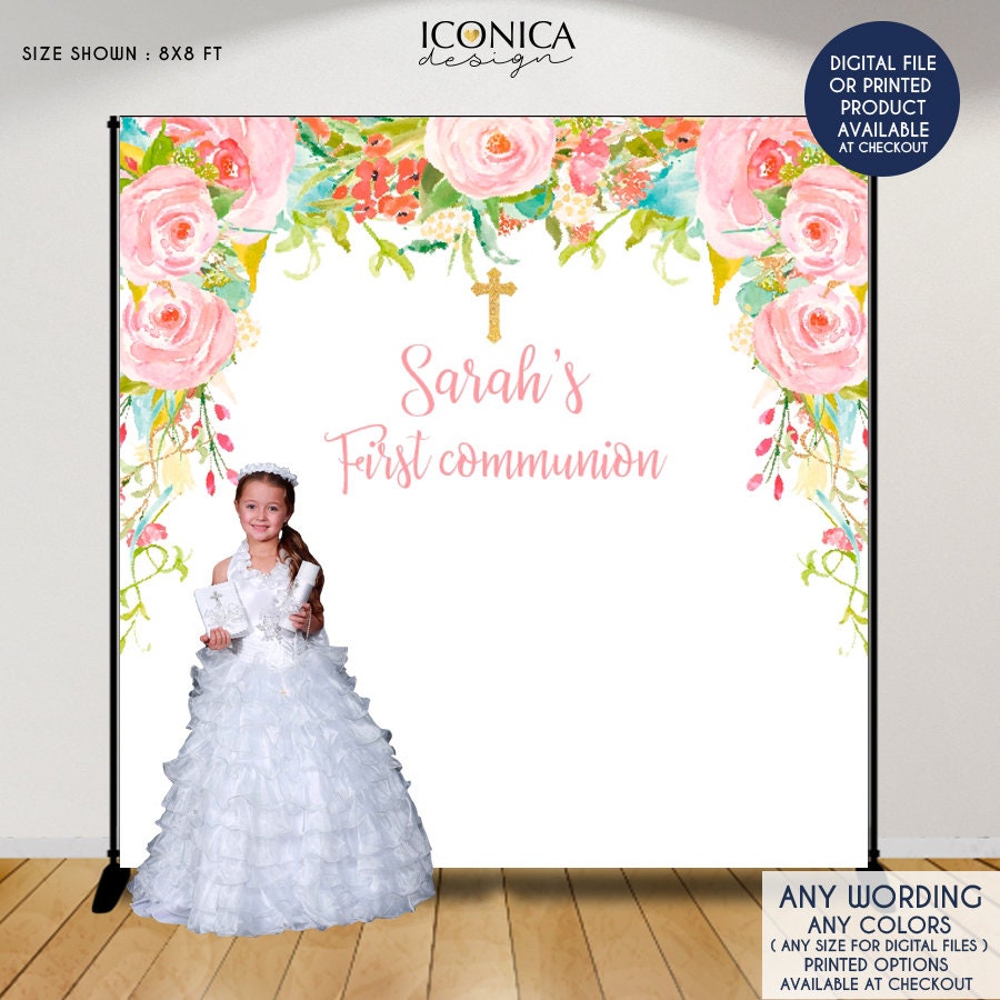 Floral First Communion Backdrop, Christening Decor (Printed or Printable File)
