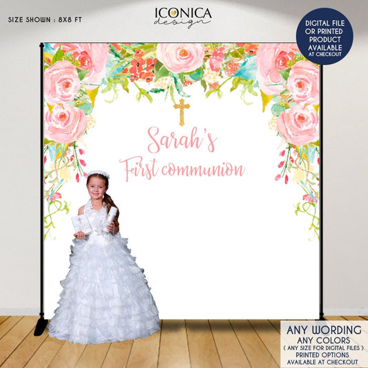 Floral First Communion Backdrop, Christening Decor (Printed or Printable File)