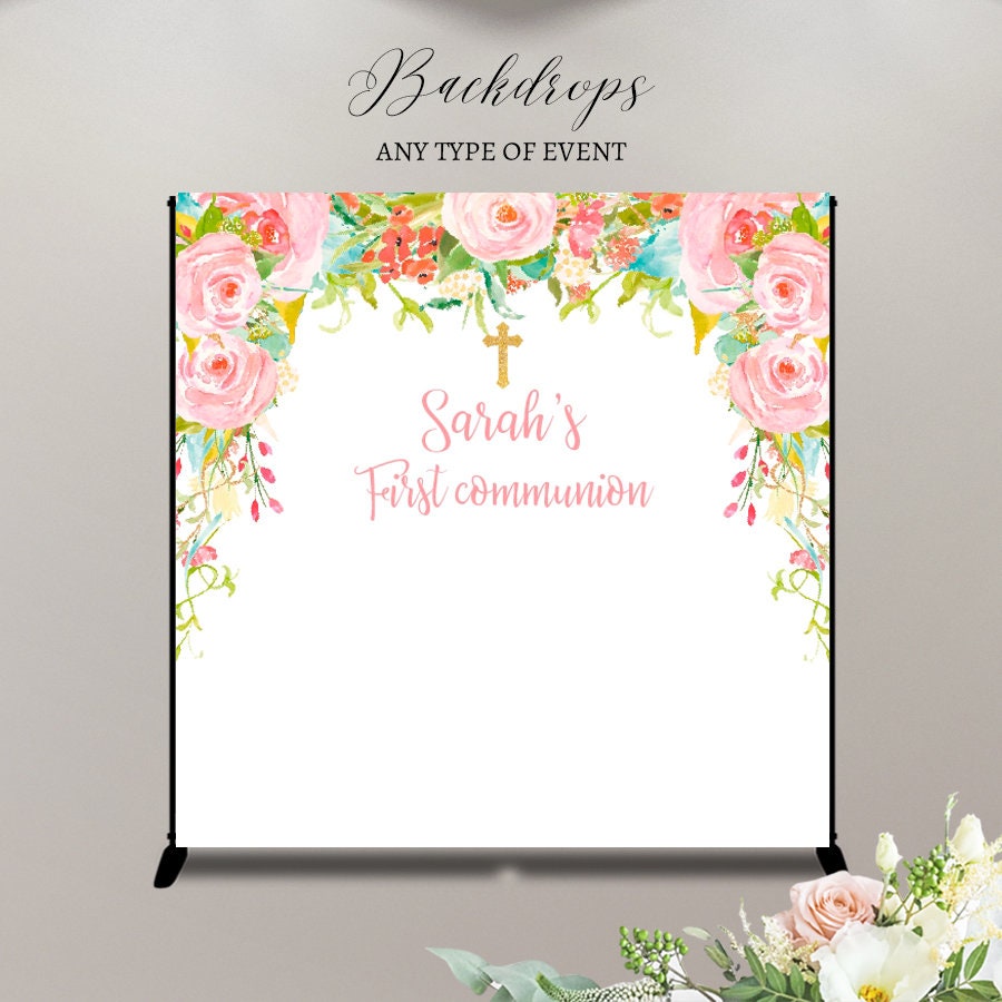 Floral First Communion Backdrop, Christening Decor (Printed or Printable File)