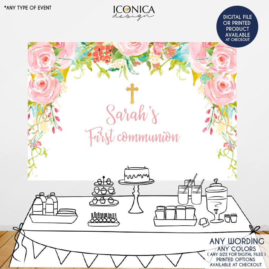 Floral First Communion Backdrop, Christening Decor (Printed or Printable File)