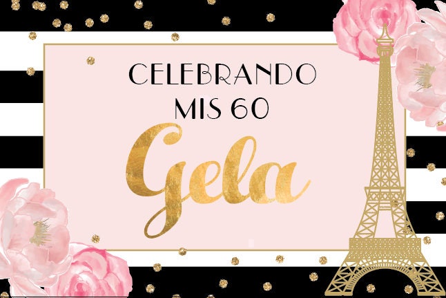 French Birthday Backdrop – Black White Stripes, Gold Confetti (Printed or Printable File)