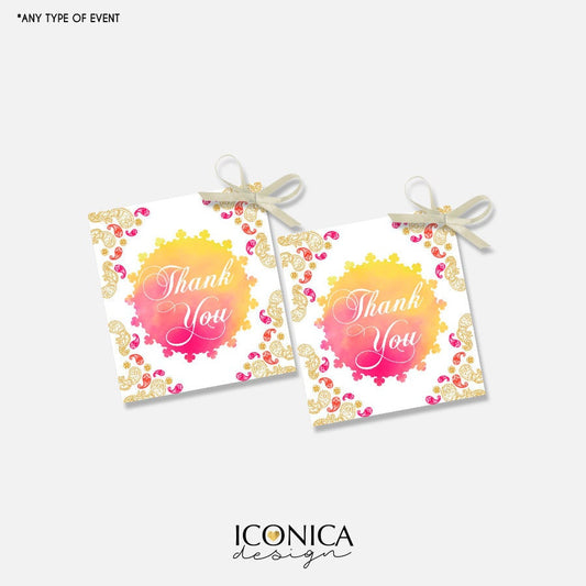 Moroccan Thank You Tags, Pink Yellow Watercolor, Arabian Nights (Digital File or Printed)