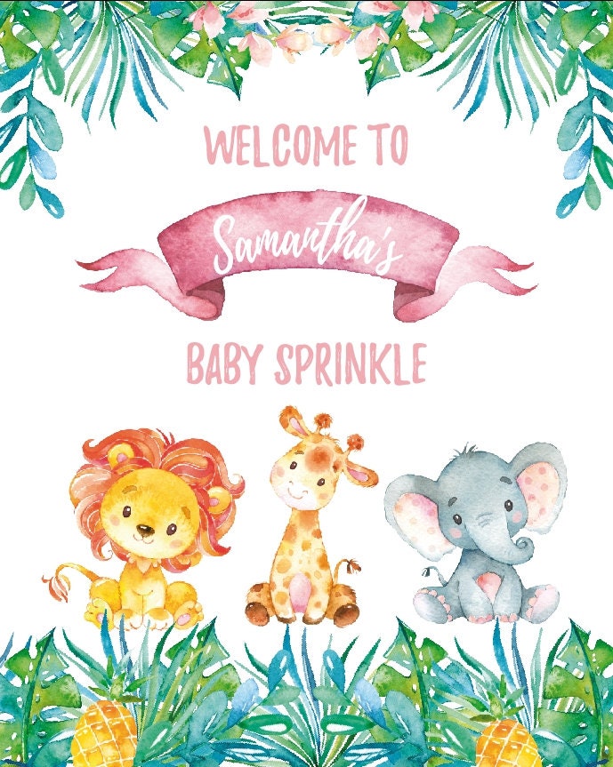 Safari Baby Shower Welcome Sign, Jungle Animals, Custom Printed