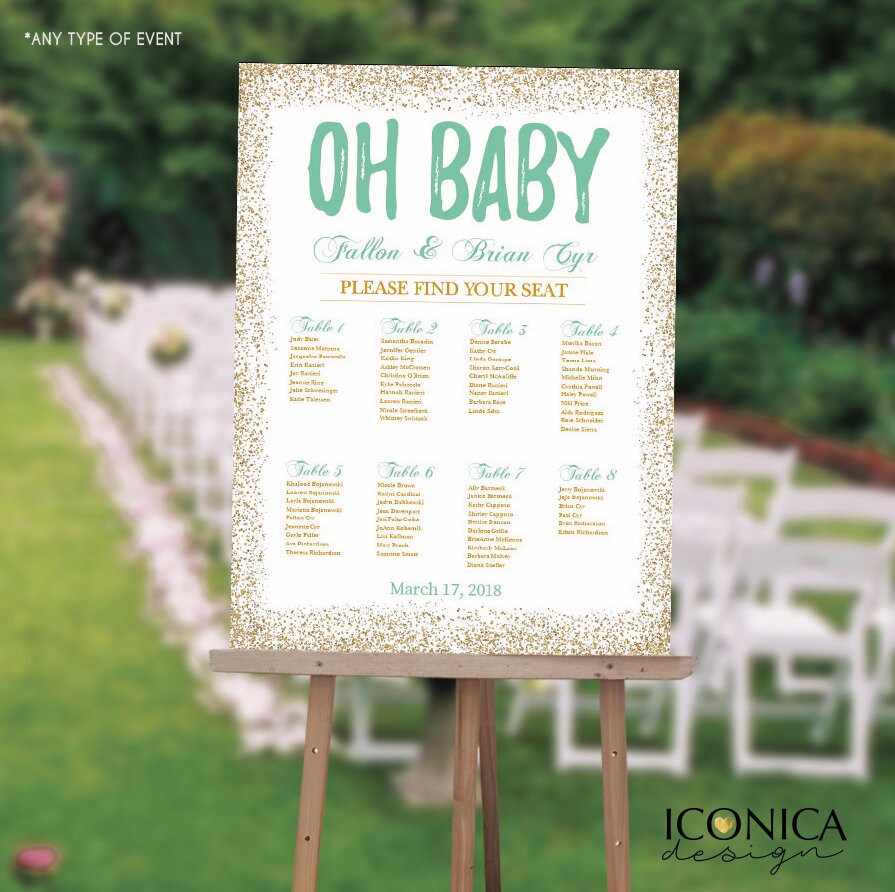 Oh Baby Shower Seating Chart, Gold Confetti, Custom Colors (Printed or Digital)