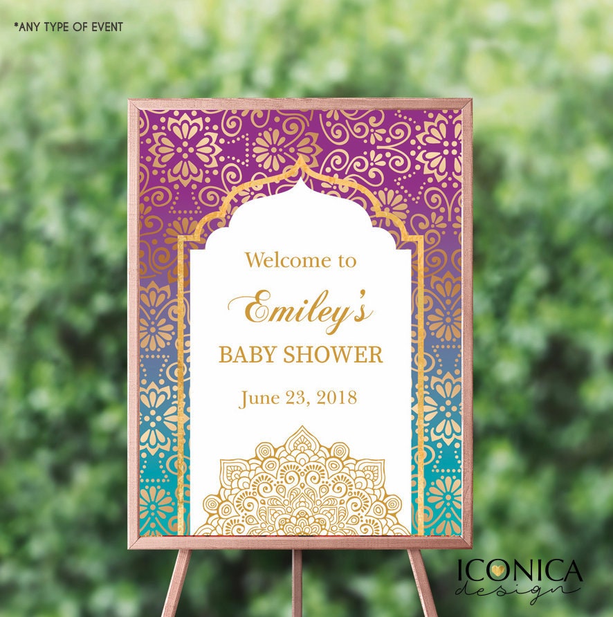 Moroccan Welcome Sign, Purple Teal Gold Decor, Personalized Event Sign